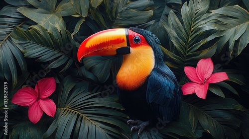 Vibrant toucan amidst lush tropical foliage and flowers. Perfect for travel, nature, or exotic themes. photo