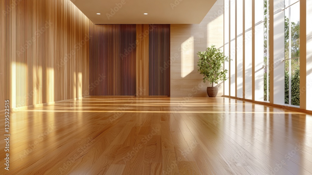 Fototapeta premium A smooth wooden panel wall with clean, evenly spaced lines, adding warmth and depth to the background.