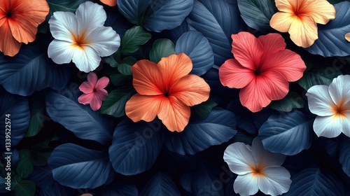 Vibrant hibiscus and other tropical flowers, nestled amongst dark leaves. Perfect for designs needing a lush, exotic, floral feel.