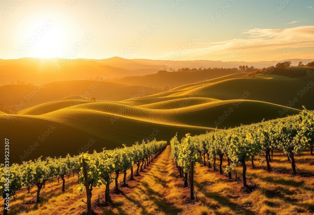 Fototapeta premium Golden hour sunlight bathes rolling Sonoma vineyard hills, vines cast long shadows, hills, sonoma