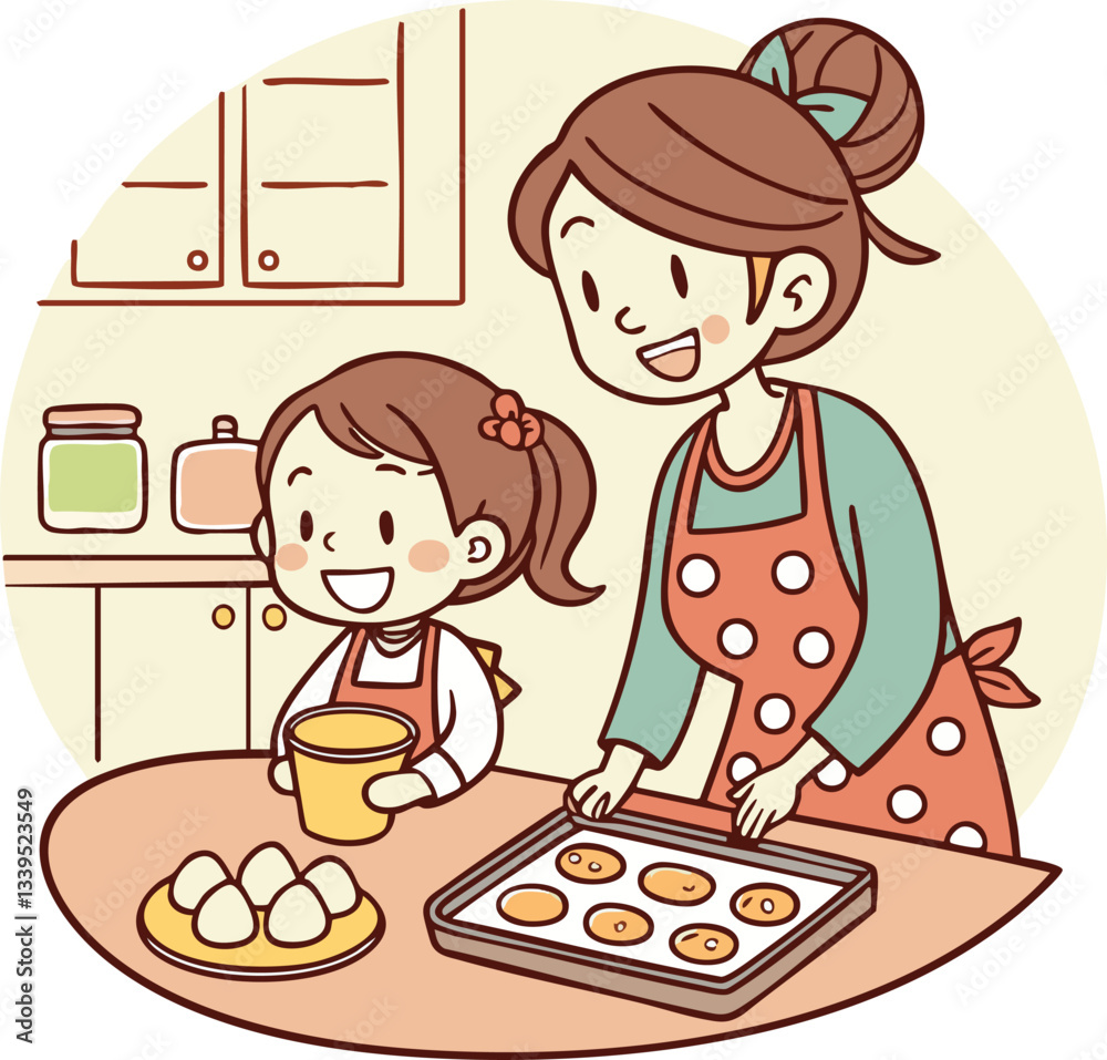 Mother and Daughter Baking Together—Cute Cartoon Kitchen Illustration