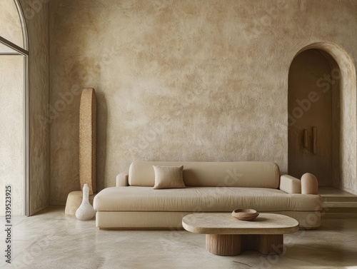 A minimalist living room interior design featuring neutral color tones