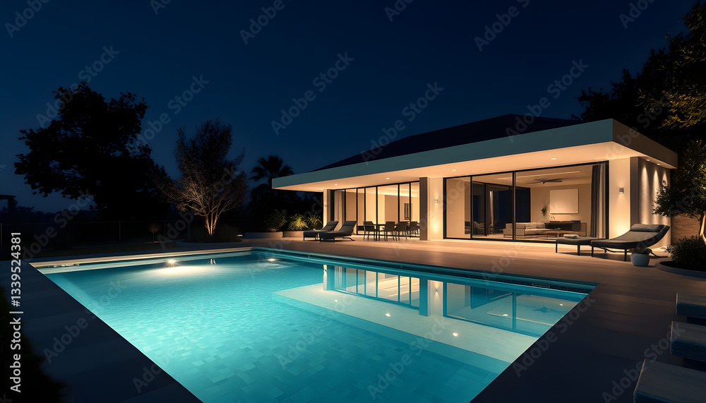 Fototapeta premium Belle maison de nuit contemporaine moderne avec piscine , with white tonespng