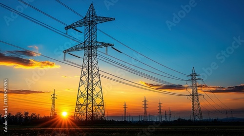 Power lines stretching across a golden sunset landscape