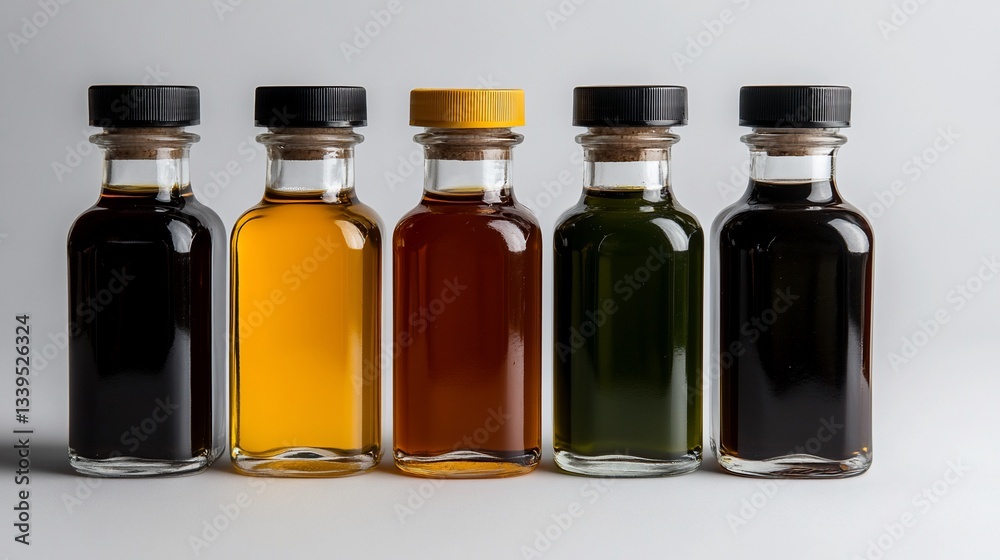 Assortment of tinctures, herbal extracts, or flavored oils in glass bottles Assortment of tinctures, herbal extracts, or flavored oils in glass bottles