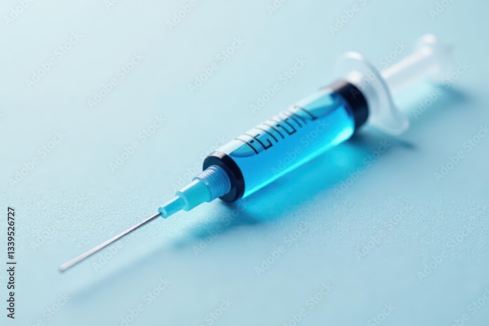 Clear plastic syringe containing a bright blue solution , care, syringe, drug