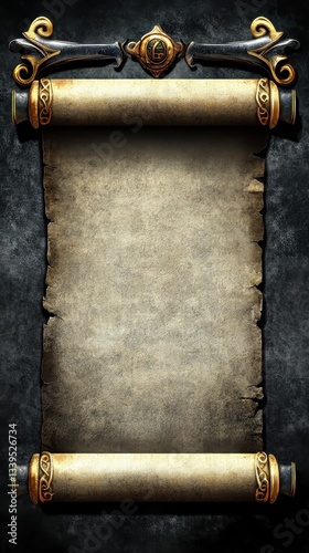 An ornate and aged parchment scroll with decorative fittings