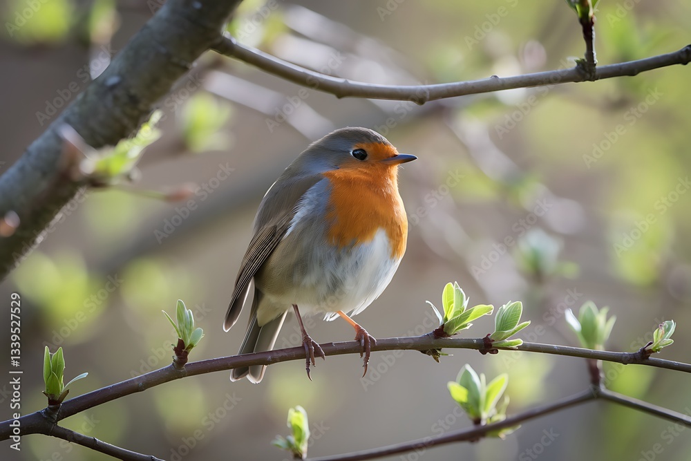 A European Robin, vibrant orange breast and grey back, sits on a slender branch adorned with fresh green leaves, bathed in soft sunlight. Springtime nature scene. A European Robin, vibrant orange breast and grey back, sits on a slender branch adorned with fresh green leaves, bathed in soft sunlight. Springtime nature scene.