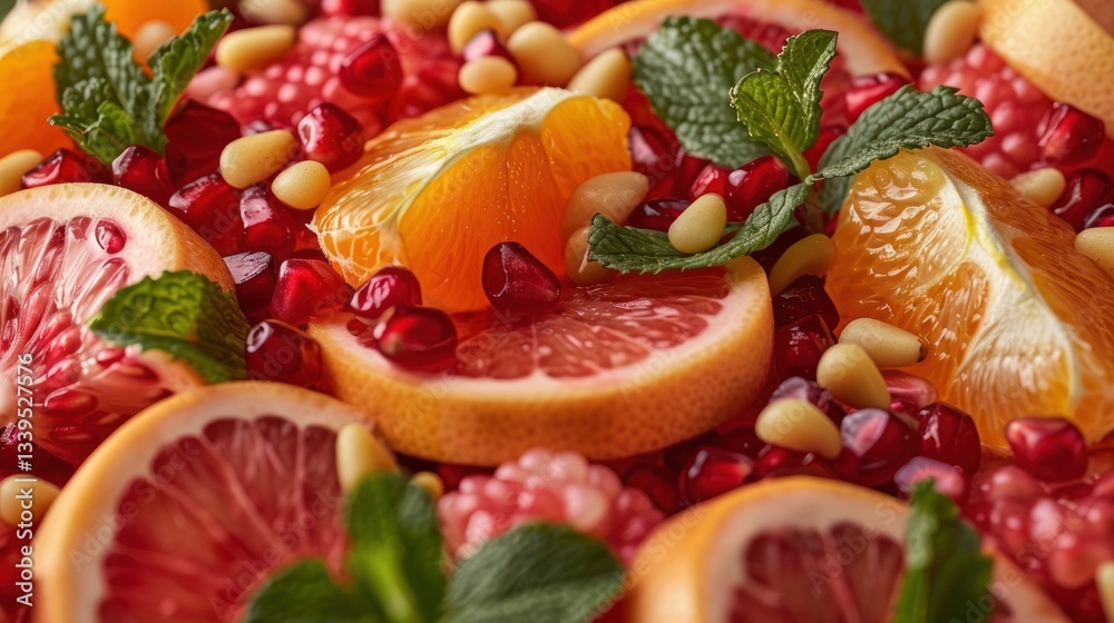 Naklejka premium Colorful fruit salad with pomegranate, orange, and grapefruit
