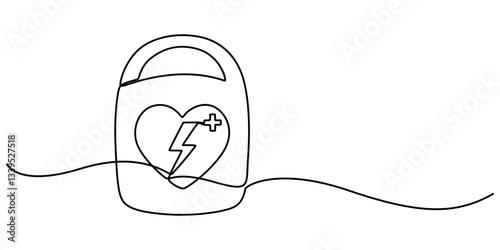 AED emergency continuous one line drawing, Medical And Healthcare Icon, Doodle First Aid, AED,automated external defibrillator / aed sign with heart and electricity symbol flat vector icon. outline.