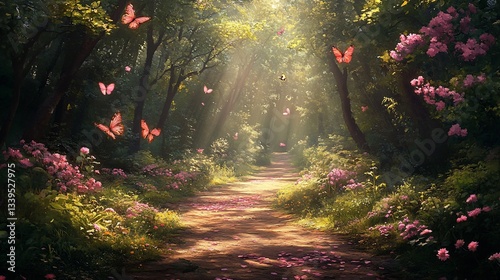 Sunlit path through enchanted forest, pink blossoms, butterflies; fantasy backdrop