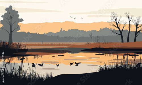 Serene Wetland Sunset Minimalist Landscape Vector Art with Birds and Trees