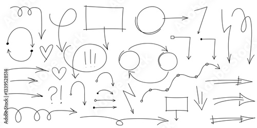 Set of Hand drawn arrows pen doodle line stroke. Highlight, marks. Set of Sketches of arrows, ellipse, rectangle, oval and mark. Collection of vector doodle elements and shapes for notes