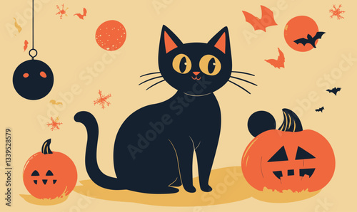 Halloween Vector Banner with Black Cat and Jack-O'-Lanterns Illustration
