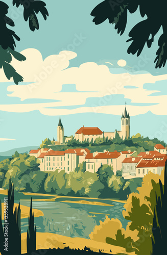 Retro Minimalist Tourism Poster of Poitiers in Nouvelle-Aquitaine Landscape