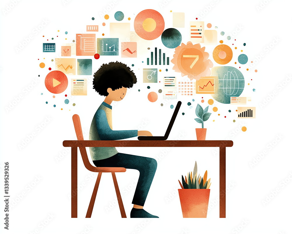 A soft watercolor illustration of a student sitting at a desk with a laptop, engaging in an interactive e-learning session with visual elements like graphs, charts, and quizzes floating around A soft watercolor illustration of a student sitting at a desk with a laptop, engaging in an interactive e-learning session with visual elements like graphs, charts, and quizzes floating around
