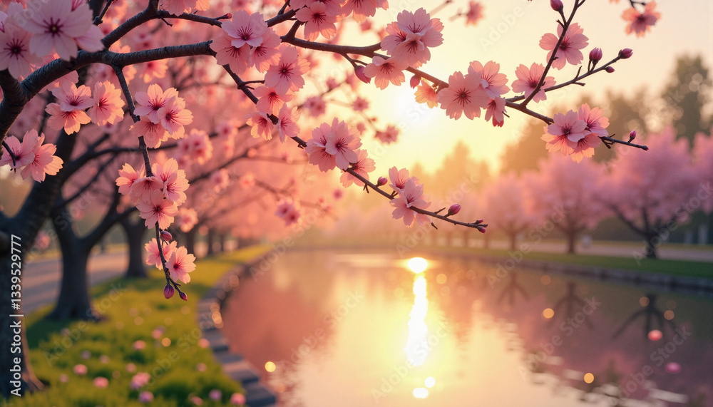 Delicate cherry blossoms blooming by tranquil lake at sunset, serenity Delicate cherry blossoms blooming by tranquil lake at sunset, serenity