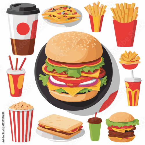 fastfood, fast, snack, food, meal, delicious, background, lunch, dinner, fat, american, burger, unhealthy, restaurant, meat, isolated, junk, menu, cheeseburger, tasty, set, hamburger, sandwich, cuisin
