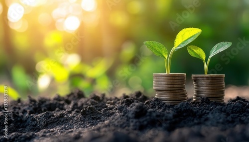 Wallpaper Mural Young plants grow from coins, symbolizing sustainability and investment in the future of our planet and natural resources. Torontodigital.ca