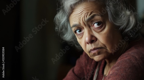 Elderly woman with a thoughtful expression gazing towards the window, reflecting on her memories in a dimly lit room during the evening hours