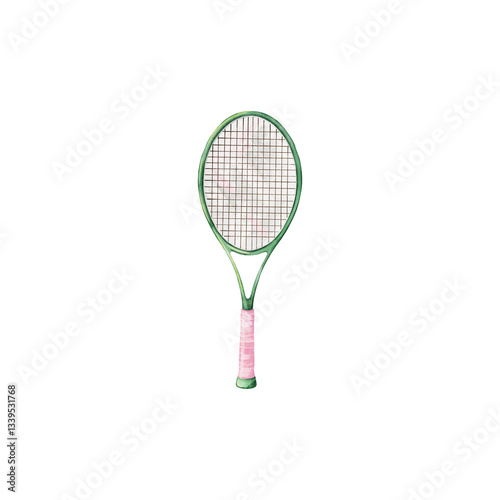Watercolor Tennis Aesthetic Illustration, Girly Sport Illustration, Hand Painted Racket, Green and Pink Racket.