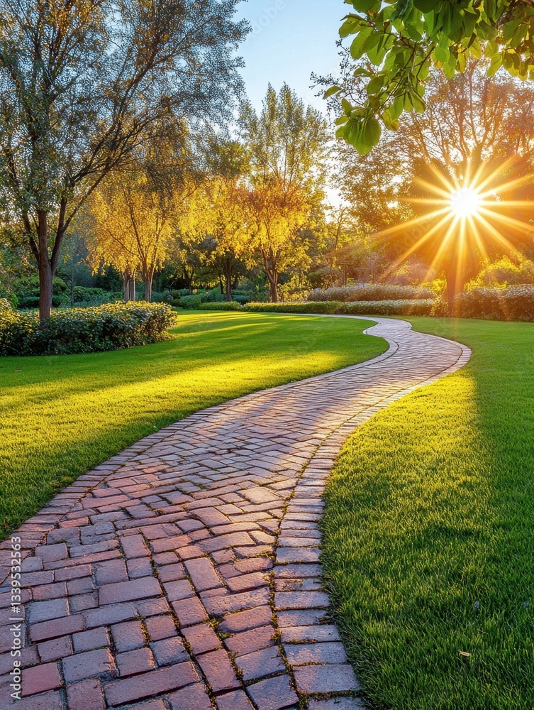 Obraz premium Serene pathway through lush green park illuminated by golden sunlight creating a peaceful and inviting atmosphere for a relaxing stroll