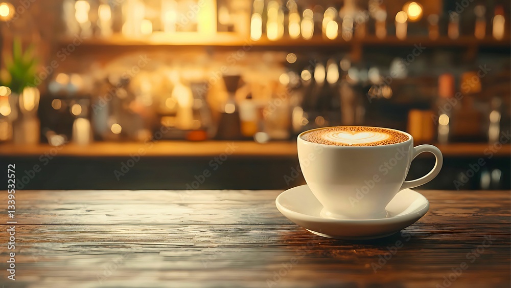 Fototapeta premium a cup of latte coffee on a wooden table with a cafe in the background.