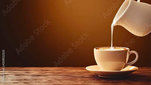 a cup of coffee with milk being poured from a creamer.