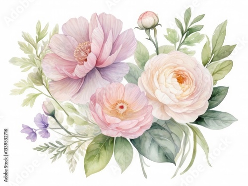 A Delicate Watercolor Bouquet Of Blush Pink Peonies And Roses, Subtly Shaded With Soft Greens And Hints Of Lavender, Creating A Serene And Romantic Floral Arrangement