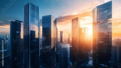 Futuristic urban skyline high tech skyscrapers sunset high resolution picture