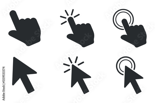 Set of Hand and Mouse Pointer Icons with Tapping and Clicking Effects, Representing Digital Actions and Website Interaction