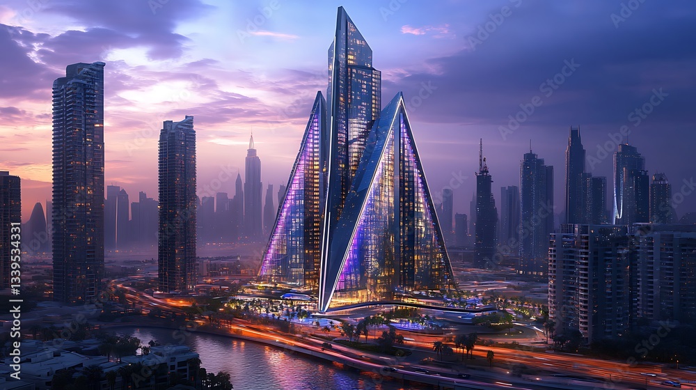 Obraz premium Modern skyscraper illuminated twilight futuristic cityscape view high resolution picture