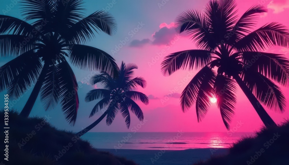 Obraz premium Abstract neon coconut silhouettes on grayscale palm leaf texture , pattern, glowing, illustration