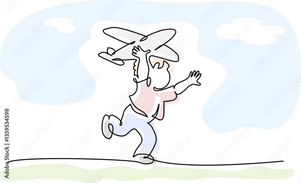 Fototapeta premium Happy boy playing toy airplane. Continuous one line drawing.