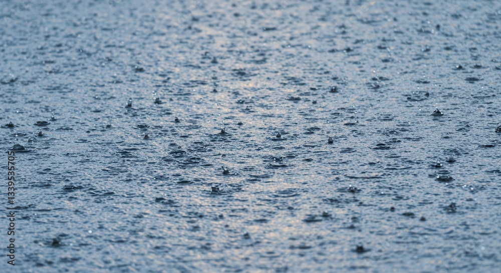Fototapeta premium Rain Falling on Water Surface Creating Ripples and Soft Light Reflection