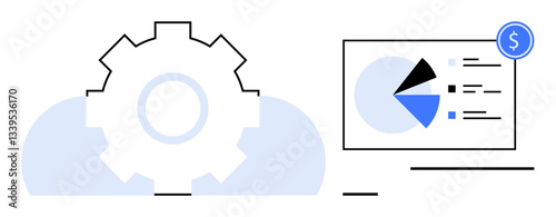 Gear icon overlays cloud with data chart screen displaying pie chart and financial element. Ideal for cloud technology, finance, optimization, data analysis, strategy, workflow, productivity. Flat