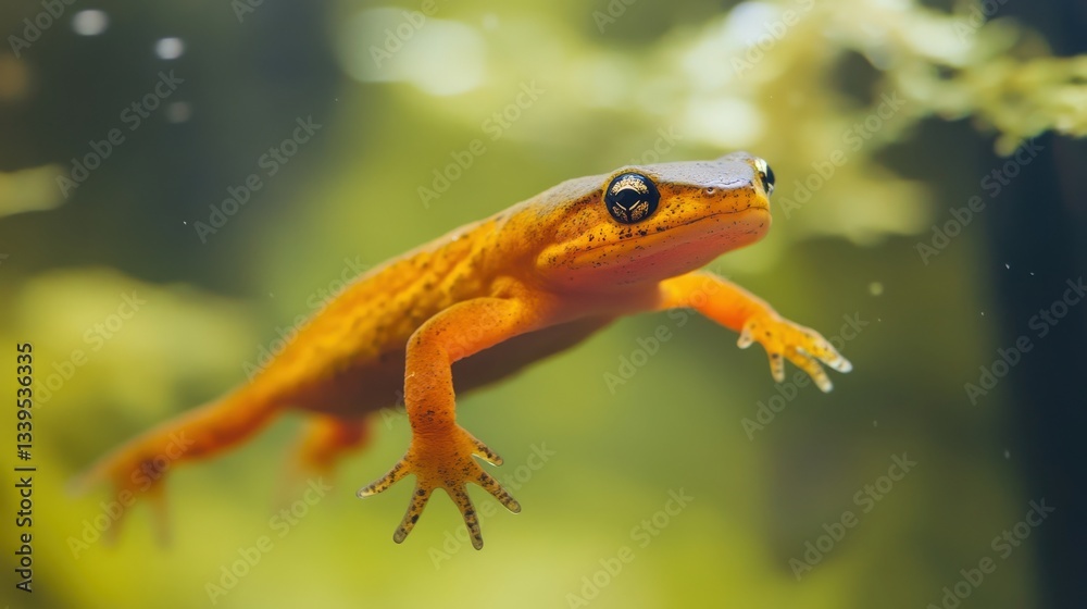 Fototapeta premium A vibrant yellow salamander swimming gracefully in clear water near greenery