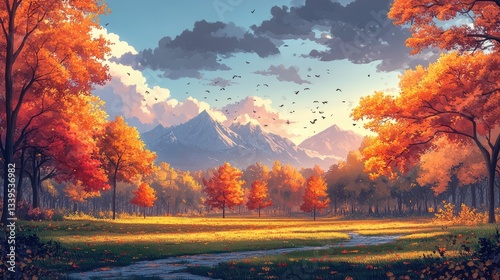 Autumnal forest scene with mountains. Ideal for fall, nature, and tranquility themes.