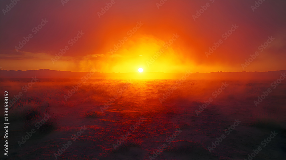 Obraz premium A glowing atmospheric phenomenon as sunlight refracts through desert dust, casting vibrant colors across the horizon