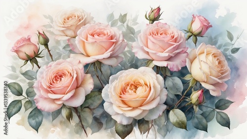 Delicate pale pink and cream roses, watercolor on airy background