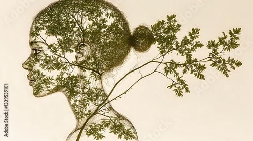 Woman's profile blended with foliage.