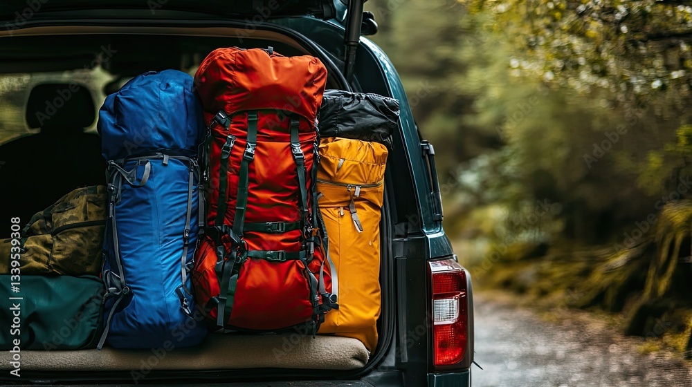 Obraz premium Adventure trip preparation with hiking and travel gear packed in the trunk of a vehicle.