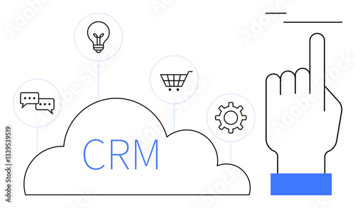 Cloud labeled CRM linked to icons for communication, idea, shopping cart, and settings alongside a pointing hand gesture. Ideal for teamwork, innovation, e-commerce, customer engagement, digital