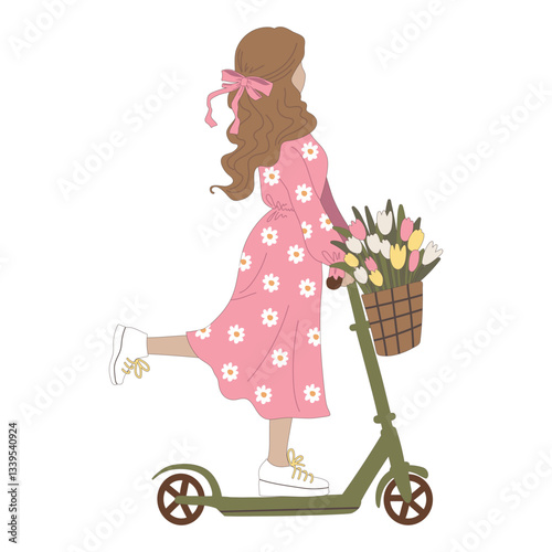 A girl rides a scooter in a summer dress. Vector illustration isolated on a white background.