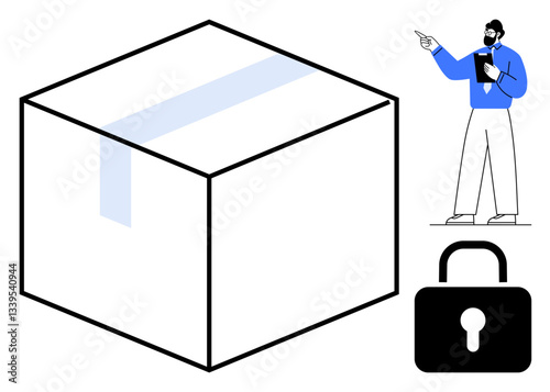 Sealed box, lock symbol, and a planner pointing while holding clipboard. Ideal for security, delivery, logistics, planning, privacy protection e-commerce. Clean flat simple metaphor