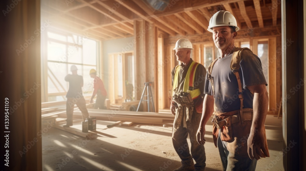 Craftsman and carpenter working on construction site at new house