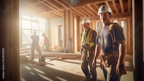 Craftsman and carpenter working on construction site at new house