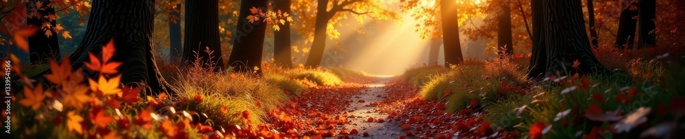 Fototapeta premium Sunlit path through autumn woodland, leaves in rich hues , sunlight, texture, crisp