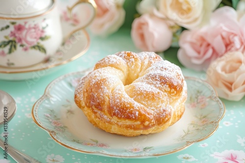 A delicate pastry with a sugary glaze resting on a vintage tea set, surrounded by soft floral scents, symbolizing comfort and indulgence