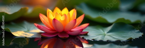Sunlit orange lotus, vivid petals on dark water, pad, dark